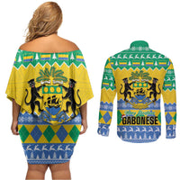Gabon Christmas Couples Matching Off Shoulder Short Dress and Long Sleeve Button Shirt Joyeux Noel Coat Of Arms - Wonder Print Shop