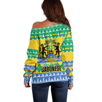 Gabon Christmas Off Shoulder Sweater Joyeux Noel Coat Of Arms - Wonder Print Shop