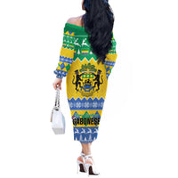 Gabon Christmas Off The Shoulder Long Sleeve Dress Joyeux Noel Coat Of Arms - Wonder Print Shop