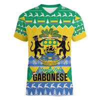Gabon Christmas Women V-Neck T-Shirt Joyeux Noel Coat Of Arms - Wonder Print Shop