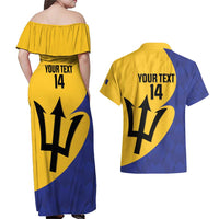 Custom Barbados Football Couples Matching Off Shoulder Maxi Dress and Hawaiian Shirt Go Champions Bajan Tridents