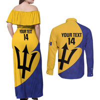 Custom Barbados Football Couples Matching Off Shoulder Maxi Dress and Long Sleeve Button Shirt Go Champions Bajan Tridents