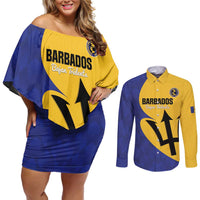 Custom Barbados Football Couples Matching Off Shoulder Short Dress and Long Sleeve Button Shirt Go Champions Bajan Tridents