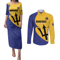 Custom Barbados Football Couples Matching Puletasi and Long Sleeve Button Shirt Go Champions Bajan Tridents