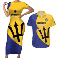 Custom Barbados Football Couples Matching Short Sleeve Bodycon Dress and Hawaiian Shirt Go Champions Bajan Tridents