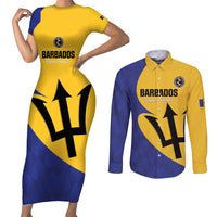Custom Barbados Football Couples Matching Short Sleeve Bodycon Dress and Long Sleeve Button Shirt Go Champions Bajan Tridents