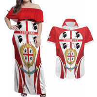 Personalised Sardinia Italy Couples Matching Off Shoulder Maxi Dress and Hawaiian Shirt Sardegna Quattro Mori Coat Of Arms
