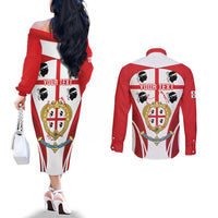Personalised Sardinia Italy Couples Matching Off The Shoulder Long Sleeve Dress and Long Sleeve Button Shirt Sardegna Quattro Mori Coat Of Arms
