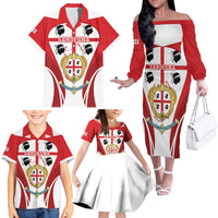 Personalised Sardinia Italy Family Matching Off The Shoulder Long Sleeve Dress and Hawaiian Shirt Sardegna Quattro Mori Coat Of Arms