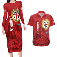 Personalised Sardinia Italy Couples Matching Long Sleeve Bodycon Dress and Hawaiian Shirt Sardegna Nuraghe With Falcon