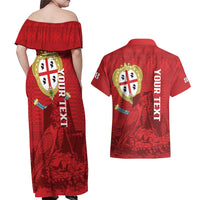 Personalised Sardinia Italy Couples Matching Off Shoulder Maxi Dress and Hawaiian Shirt Sardegna Nuraghe With Falcon
