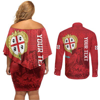Personalised Sardinia Italy Couples Matching Off Shoulder Short Dress and Long Sleeve Button Shirt Sardegna Nuraghe With Falcon