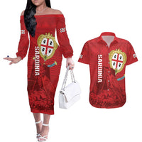Personalised Sardinia Italy Couples Matching Off The Shoulder Long Sleeve Dress and Hawaiian Shirt Sardegna Nuraghe With Falcon