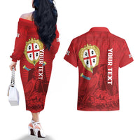 Personalised Sardinia Italy Couples Matching Off The Shoulder Long Sleeve Dress and Hawaiian Shirt Sardegna Nuraghe With Falcon