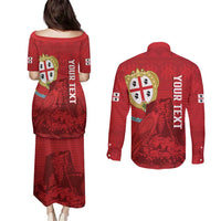 Personalised Sardinia Italy Couples Matching Puletasi and Long Sleeve Button Shirt Sardegna Nuraghe With Falcon