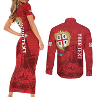 Personalised Sardinia Italy Couples Matching Short Sleeve Bodycon Dress and Long Sleeve Button Shirt Sardegna Nuraghe With Falcon
