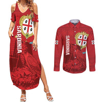 Personalised Sardinia Italy Couples Matching Summer Maxi Dress and Long Sleeve Button Shirt Sardegna Nuraghe With Falcon