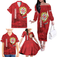 Personalised Sardinia Italy Family Matching Off The Shoulder Long Sleeve Dress and Hawaiian Shirt Sardegna Nuraghe With Falcon