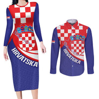 Croatia National Day Couples Matching Long Sleeve Bodycon Dress and Long Sleeve Button Shirt Hrvatska Checkerboard With Slavic Pattern