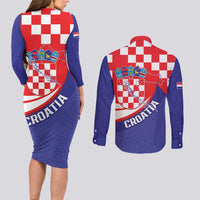 Croatia National Day Couples Matching Long Sleeve Bodycon Dress and Long Sleeve Button Shirt Hrvatska Checkerboard With Slavic Pattern