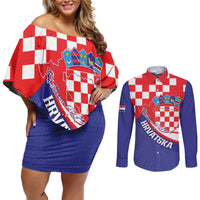 Croatia National Day Couples Matching Off Shoulder Short Dress and Long Sleeve Button Shirt Hrvatska Checkerboard With Slavic Pattern