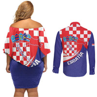 Croatia National Day Couples Matching Off Shoulder Short Dress and Long Sleeve Button Shirt Hrvatska Checkerboard With Slavic Pattern