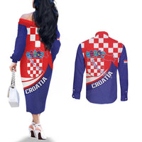 Croatia National Day Couples Matching Off The Shoulder Long Sleeve Dress and Long Sleeve Button Shirt Hrvatska Checkerboard With Slavic Pattern