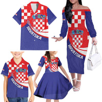 Croatia National Day Family Matching Off The Shoulder Long Sleeve Dress and Hawaiian Shirt Hrvatska Checkerboard With Slavic Pattern