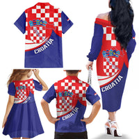 Croatia National Day Family Matching Off The Shoulder Long Sleeve Dress and Hawaiian Shirt Hrvatska Checkerboard With Slavic Pattern