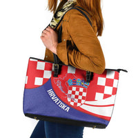 Croatia National Day Leather Tote Bag Hrvatska Checkerboard With Slavic Pattern