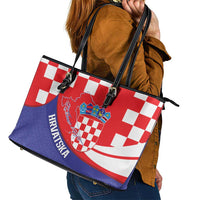 Croatia National Day Leather Tote Bag Hrvatska Checkerboard With Slavic Pattern