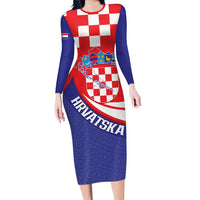 Croatia National Day Long Sleeve Bodycon Dress Hrvatska Checkerboard With Slavic Pattern