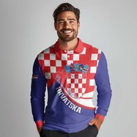 Croatia National Day Long Sleeve Polo Shirt Hrvatska Checkerboard With Slavic Pattern