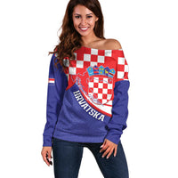 Croatia National Day Off Shoulder Sweater Hrvatska Checkerboard With Slavic Pattern