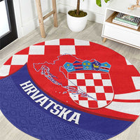 Croatia National Day Round Carpet Hrvatska Checkerboard With Slavic Pattern