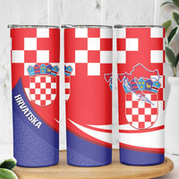 Croatia National Day Skinny Tumbler Hrvatska Checkerboard With Slavic Pattern