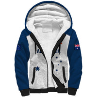 Unisex sherpa hoodie with white body, dark blue sleeves, zip front and front graphic