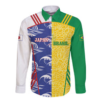 Custom Brazil and Japan Football 2026 Long Sleeve Button Shirt Selecao Samurai Blue Together
