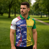 Custom Brazil and Japan Football 2026 Zipper Polo Shirt Selecao Samurai Blue Together