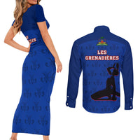 Haiti Football Couples Matching Short Sleeve Bodycon Dress and Long Sleeve Button Shirts Les Grenadieres 2023 World Cup Blue Version - Wonder Print Shop