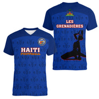 Haiti Football Women V Neck T Shirt Les Grenadieres 2023 World Cup Blue Version - Wonder Print Shop
