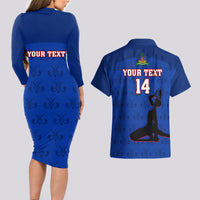 Custom Haiti Football Couples Matching Long Sleeve Bodycon Dress and Hawaiian Shirt Les Grenadieres 2023 World Cup Blue Version - Wonder Print Shop