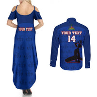 Custom Haiti Football Couples Matching Summer Maxi Dress and Long Sleeve Button Shirts Les Grenadieres 2023 World Cup Blue Version - Wonder Print Shop