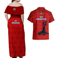Haiti Football Couples Matching Off Shoulder Maxi Dress and Hawaiian Shirt Les Grenadieres 2023 World Cup Red Version - Wonder Print Shop