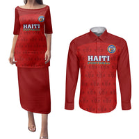 Haiti Football Couples Matching Puletasi Dress and Long Sleeve Button Shirts Les Grenadieres 2023 World Cup Red Version - Wonder Print Shop