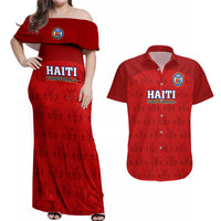 Custom Haiti Football Couples Matching Off Shoulder Maxi Dress and Hawaiian Shirt Les Grenadieres 2023 World Cup Red Version - Wonder Print Shop