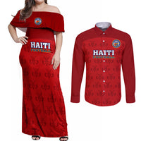Custom Haiti Football Couples Matching Off Shoulder Maxi Dress and Long Sleeve Button Shirts Les Grenadieres 2023 World Cup Red Version - Wonder Print Shop