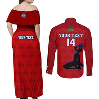 Custom Haiti Football Couples Matching Off Shoulder Maxi Dress and Long Sleeve Button Shirts Les Grenadieres 2023 World Cup Red Version - Wonder Print Shop
