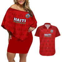 Custom Haiti Football Couples Matching Off Shoulder Short Dress and Hawaiian Shirt Les Grenadieres 2023 World Cup Red Version - Wonder Print Shop