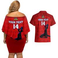 Custom Haiti Football Couples Matching Off Shoulder Short Dress and Hawaiian Shirt Les Grenadieres 2023 World Cup Red Version - Wonder Print Shop